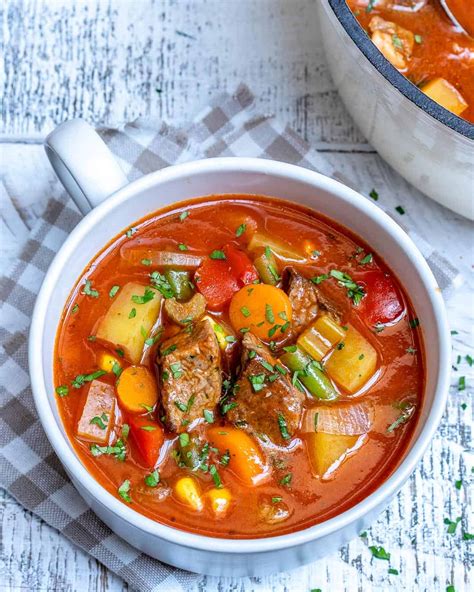 I nudged the simple recipe by using two 12oz cans v8 two bags frozen mixed vegetables and no tomato sauce or paste. Homemade Vegetable Beef Soup Recipe | Healthy Fitness Meals