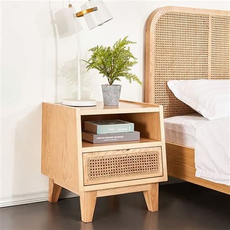 Nordic Natural Nightstand Rattan And Solid Wood Bedside Table With 1