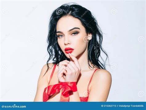 Seduce Sensual Woman Girl With Tied Hands Red Ribbon Beauty Female Face Portrait Stock Image