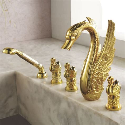 Three Handles Gold Plating Bathroom Bathtub Faucet 5 Hole Luxury And Nobile Swan Shape Free