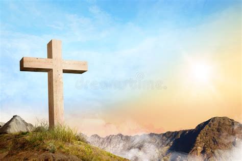 Christian Cross On The Of Mountain With Clouds Fog Stock Photo Image
