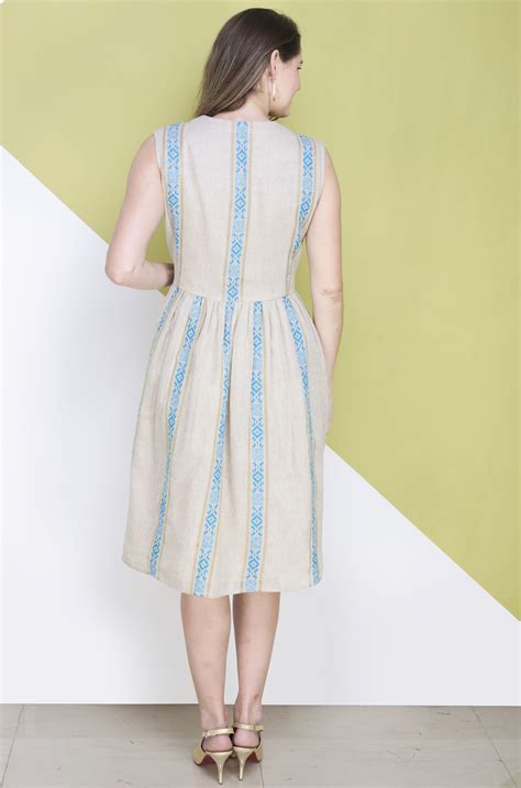 Linen Khadi Dress Blue Detail Dresses Women Apparel