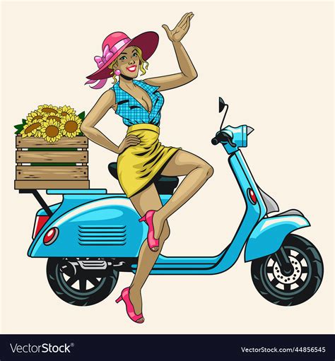 sexy pin up girl pose on the classic old scooter vector image