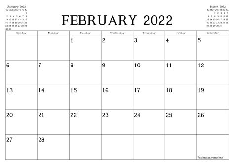 February 2022 Calendar Printable Landscape