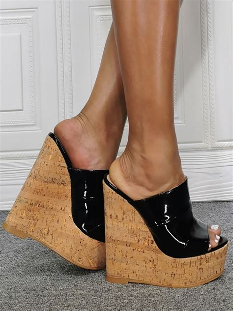 Mens High Heel Sexy Sandals Black Patent Pu Upper Open Toe Wedge Heel
