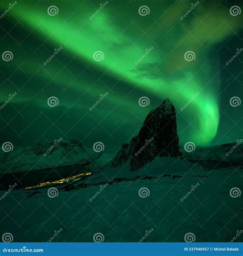Mountain Segla And Sky Background With Northern Lights Aurora Borealis