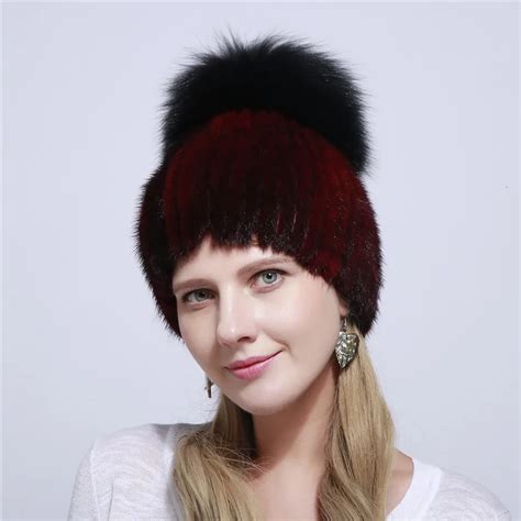 Купить Женские шапки бомберы из натурального меха норки женская зимняя шапка с помпоном ушные