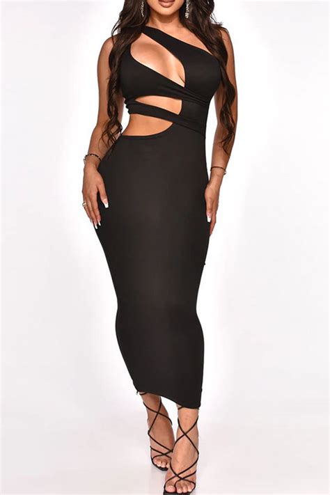 Black Sexy Solid Hollowed Out One Shoulder Pencil Skirt Dresses Club