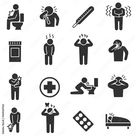 Health Conditions Sickness Monochrome Icons Set Disease States