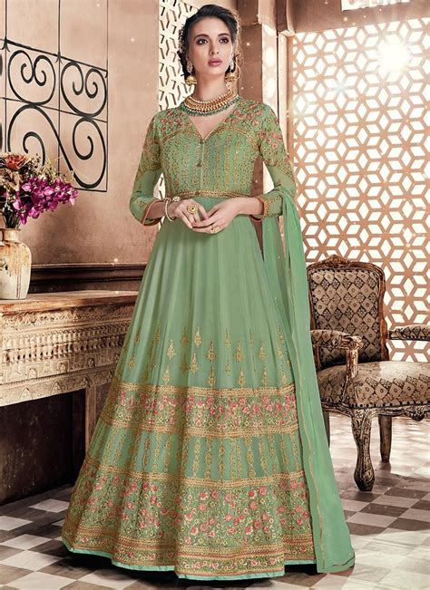 Buy Light Green Embroidered Abaya Style Anarkali Suit Online Sku Code