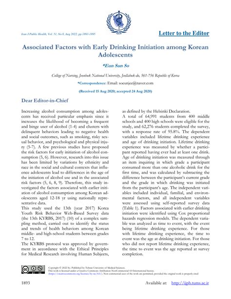 PDF Associated Factors With Early Drinking Initiation Among Korean