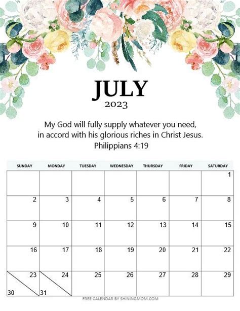 Printable July 2023 Calendar With Bible Scripture Personal Calendar