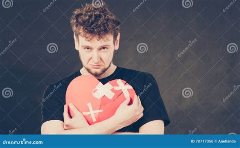 Sad Man With Glued Heart By Plaster Stock Photo Image Of Symbol