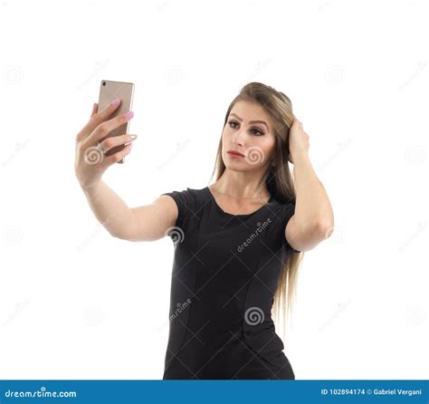 Vain Woman Makes Self Portrait Selfie Blonde Person Is Wearing Stock Photo Image Of