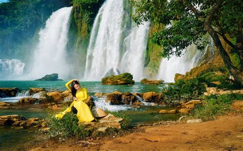 Wallpaper Yellow Dress Asian Girl Waterfalls Water