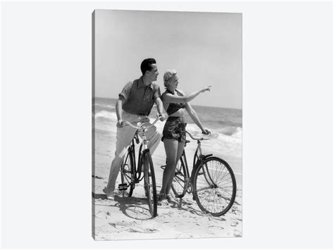 1930s Couple Man Woman Biking On Bea Canvas Artwork Vintage Images