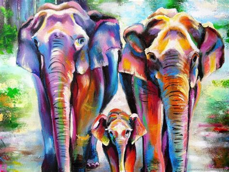 Elephans Landscape Oil Painting On Canvas Tropical Animal Painting
