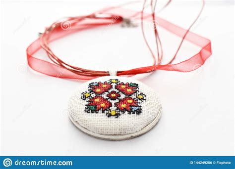 Handmade Cross Stitch Necklace Red Flower Stock Photo Image Of