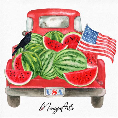 Watermelon Vintage Red Truck Watercolor Clipart Summer Clip Art Farm