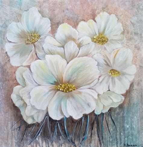 Abstract White Flowers Painting By Acrylic And Oil Painting By Helen