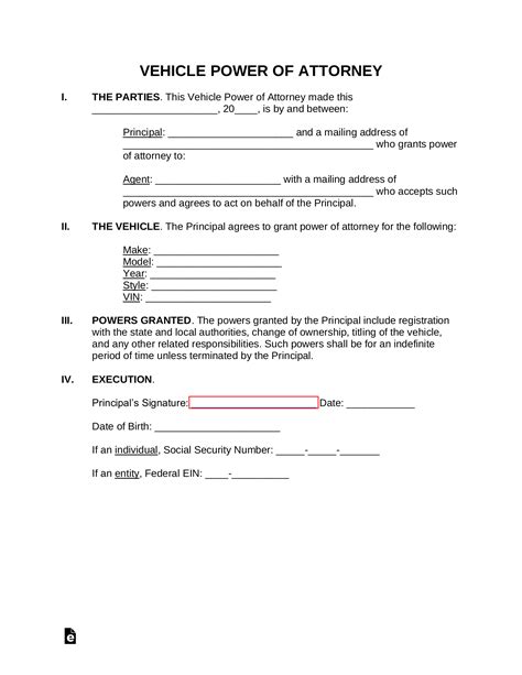 Free Motor Vehicle Power Of Attorney Form Pdf Word Eforms