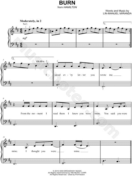 Burn From Hamilton An American Musical Sheet Music Easy Piano In