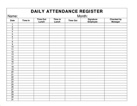 Attendance Register Attendance Sheet Template Attendance Chart
