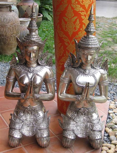 Pair Of Silver Brass Male And Female Kneeling Teppanom Thai