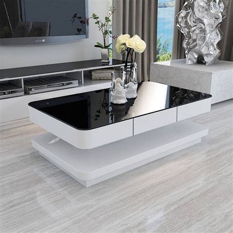 Modern High Gloss Coffee Table White With Black Tempered Glass Top In
