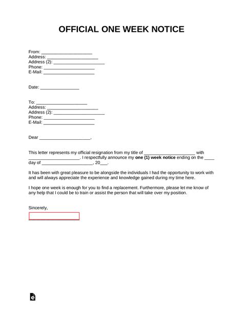 One Week Notice Letter Template