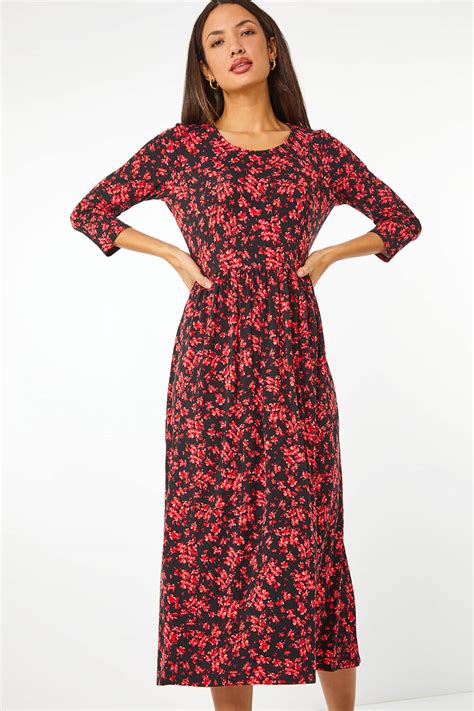 Ditsy Floral Stretch Midi Dress In Red Roman Originals Uk