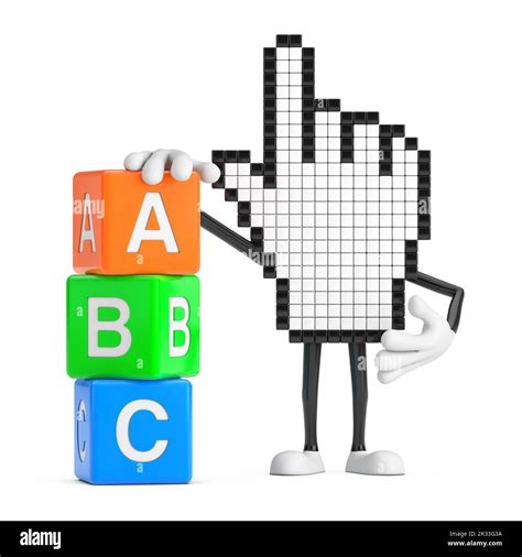 pixel hand cursor mascot personaje de la persona con alfabetos abc education cubes sobre fondo