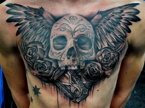 Black Gray Winged Skull With Roses And Clock Chest Tattoo