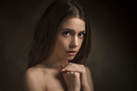 Women Face Ksenia Kokoreva Implied Nude Portrait Simple Background