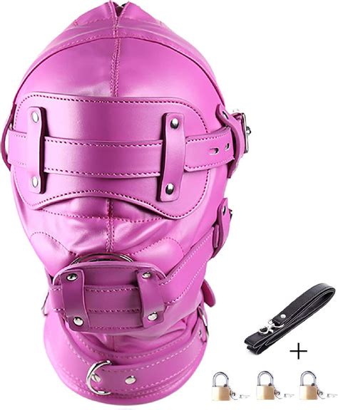Leather Bondage Gimp Mask Hood Full Face Blindfold Mask Hood Lockable And Dildo Penis