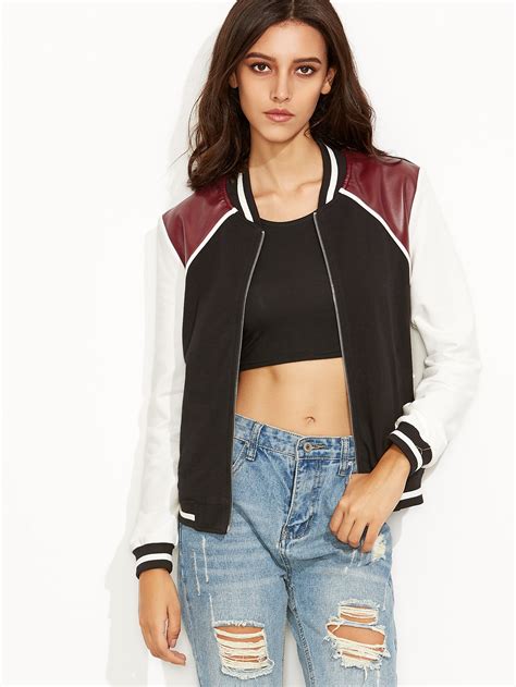 Color Block Panel Faux Leather Patch Zip Up Varsity Jacket Shein
