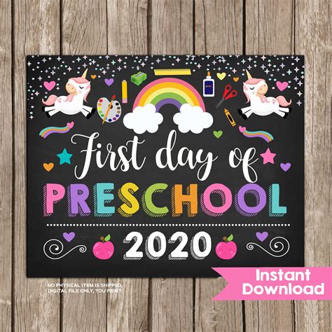 Unicorn First Day Of Preschool Sign 8x10 Instant Download Photo Prop
