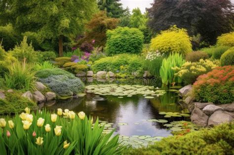 A Tranquil Garden With Blooming Flowers Lush Greenery And A Peaceful