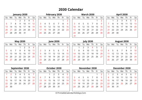 2030 Calendar Printable Free