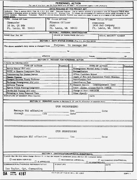 Blank Fillable Da Form 4187 Printable Forms Free Online