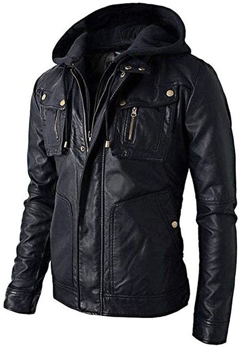 Biker Leather Jacket With Detachable Hoodie Distressed Black Leather