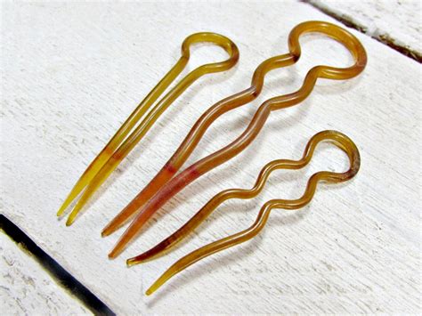 Vintage Celluloid Plastic Hair Pin Set Small Amber Yellow