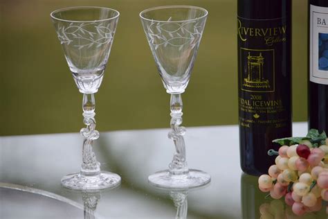 Vintage Etched Crystal Wine ~ Liquor Glasses Set Of 4 Tiffin