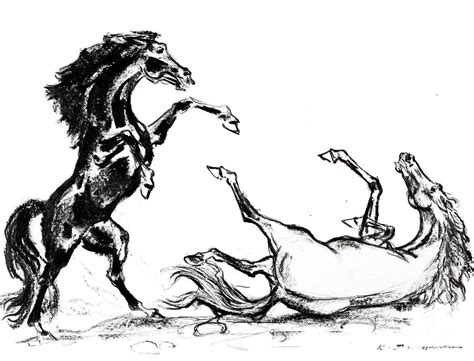 If you want a super easy way to drawing it, just draw a u shape, the horse drawing will still look more than cute. Two Mustang Horses Fighting Drawing by Kurt Tessmann