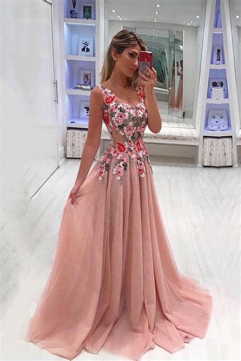 Embroidery Appliques Long A Line Pink Prom Dresses Tulle Cheap Formal Dresses On Sale