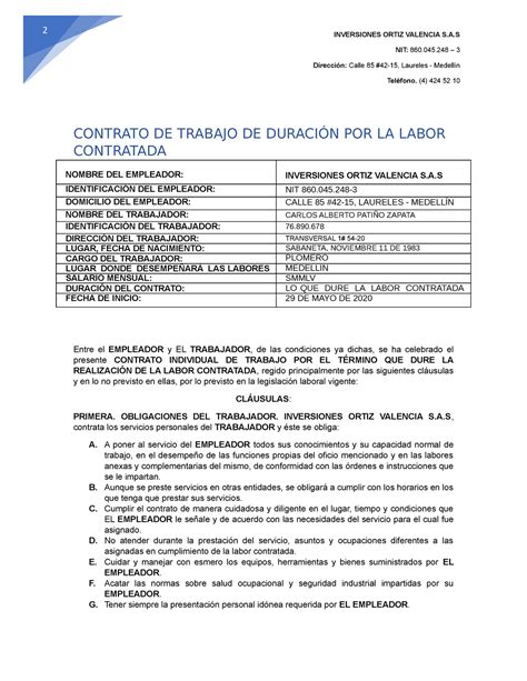 Contrato Por Obra O Labor 2 Inversiones Ortiz Valencia Sa Nit 860