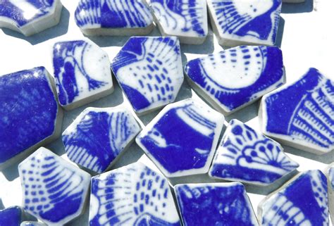 Blue And White Chunky Ceramic Tiles With Sea Shell Patterns Half Pound