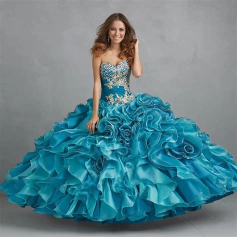 Strapless Ball Gown Crystals Organza Ruffles Turquoise Quinceanera