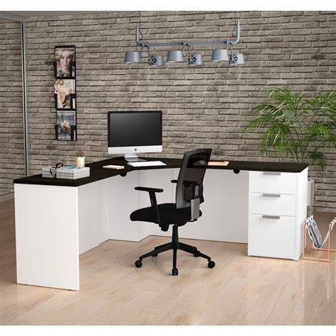Bold black metal framing for stability and style. Pro-Concept Plus Corner Desk in White & Deep Grey