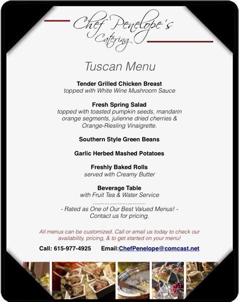 Here are a few suggested appetizer combinations, or we can custom design a menu just for you! Chef Penelope's Catering Nashville Tuscan Menu | Heavy ...